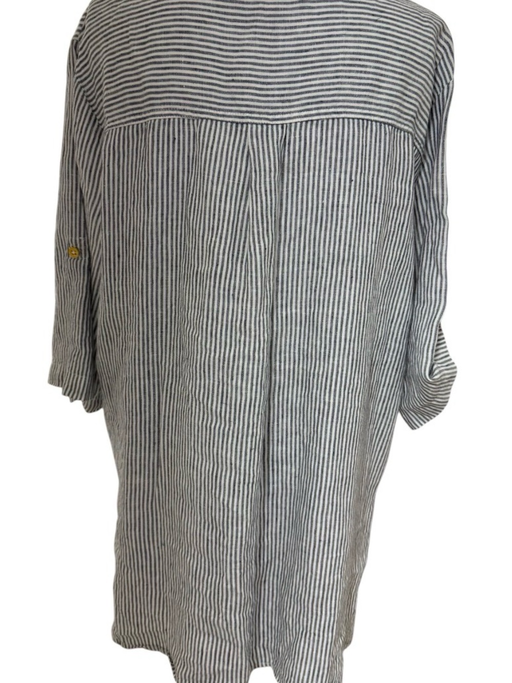 ELLEN TRACY XL 100% LINEN BLUE AND WHITE STRIPED TUNIC GOLD ZIP COASTAL Y2K TOP - Picture 11 of 12